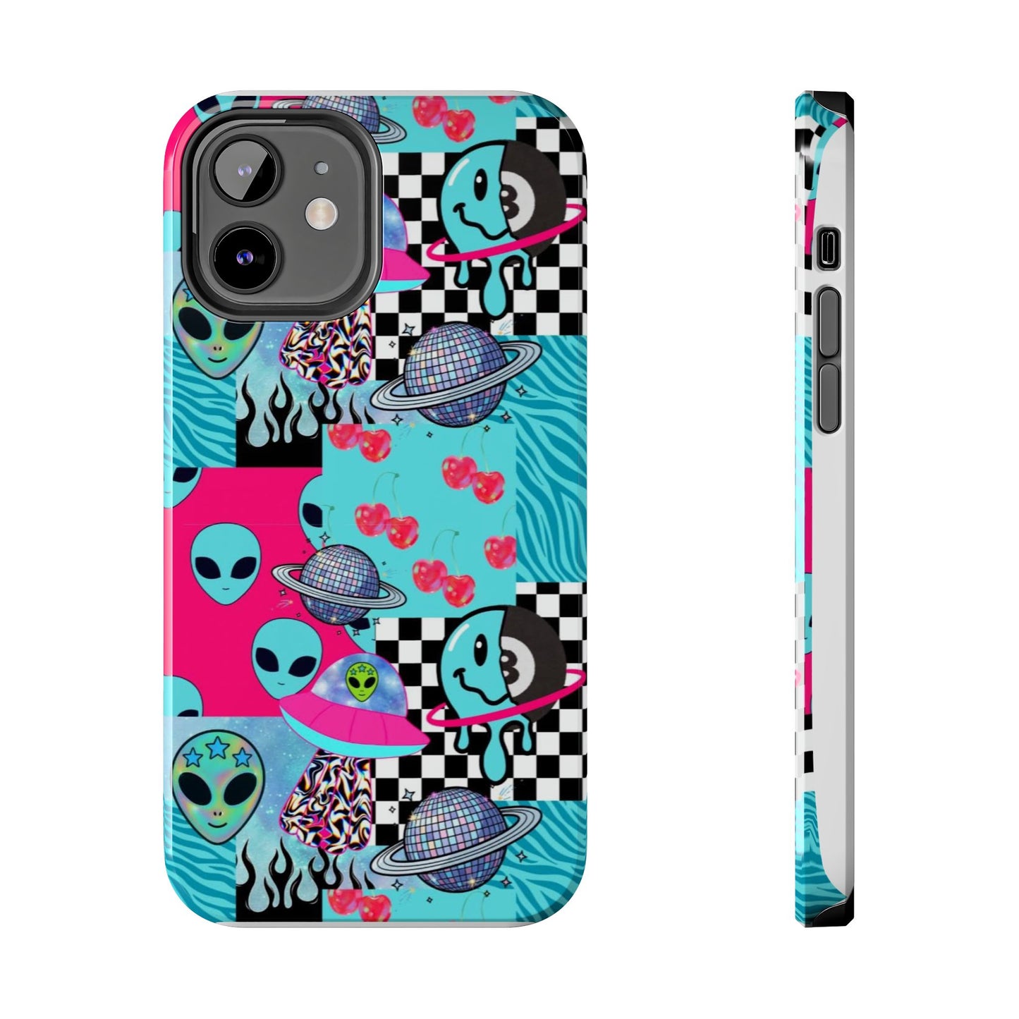 Alien Collage Tough Phone Case — Retro Checkerboard, Planets & Cherry Pop Design